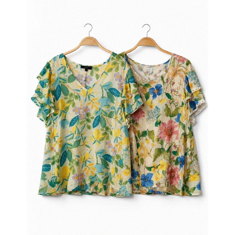 Rachel Zoe/Roy Floral Blouse Top Lot Of2 Women 1X Yellow‎ Cottagecore NWT